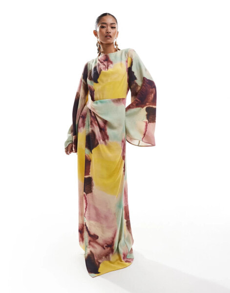 ASOS DESIGN twist front extreme sleeve maxi dress in abstract print