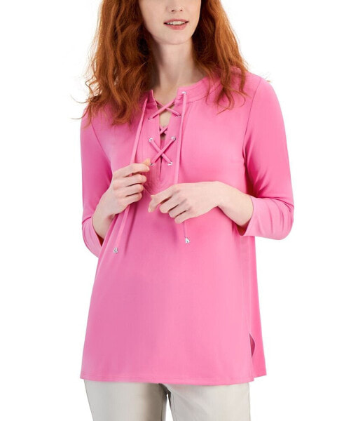 Women's Solid 3/4 Sleeve Lace-Up Knit Top, Created for Macy's