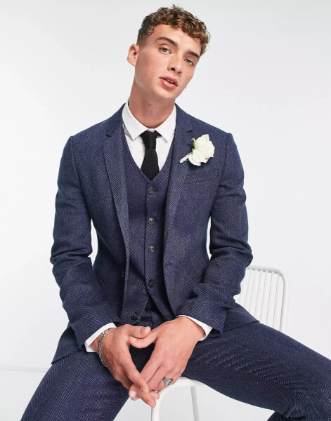 ASOS DESIGN wedding skinny wool mix suit jacket in navy herringbone