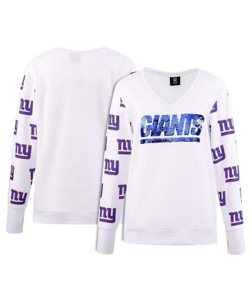 Women's White New York Giants Sequin Fleece V-Neck T-Shirt