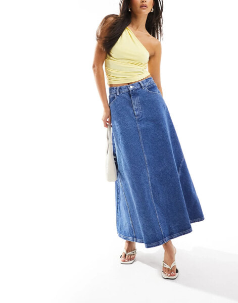 ASOS DESIGN denim godet maxi skirt in mid blue