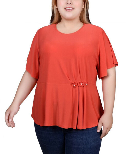 Plus Size Flutter Sleeve Flower-Detail Top