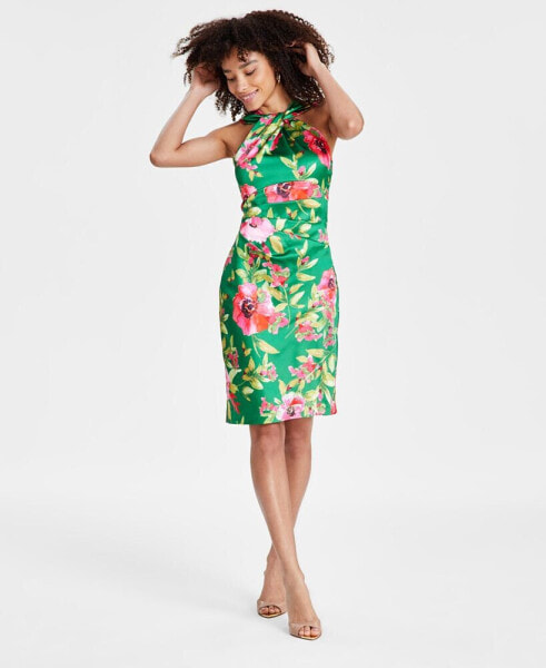 Women's Twist-Front Floral Stretch Satin Dress