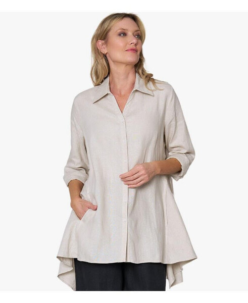 Women's Linen Long Sleeve Collared V-Neck True Form Shirt