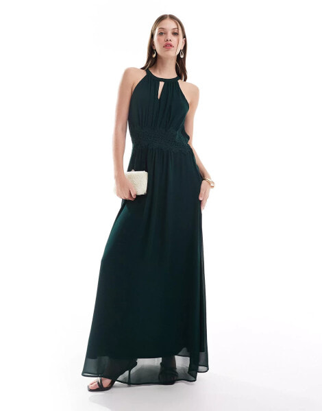 Vila Bridesmaid halterneck maxi dress in dark green