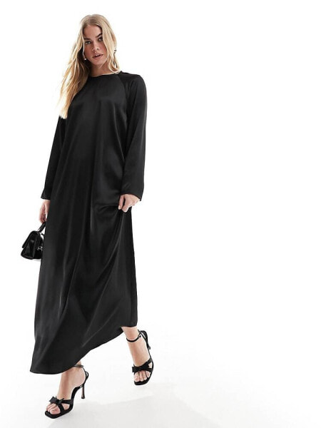 ASOS DESIGN satin crew neck oversized maxi dress in black