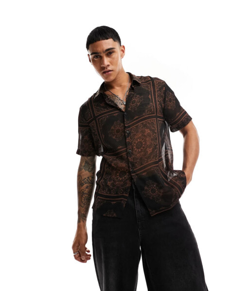 River Island short sleeved paisley sheer shirt in brown