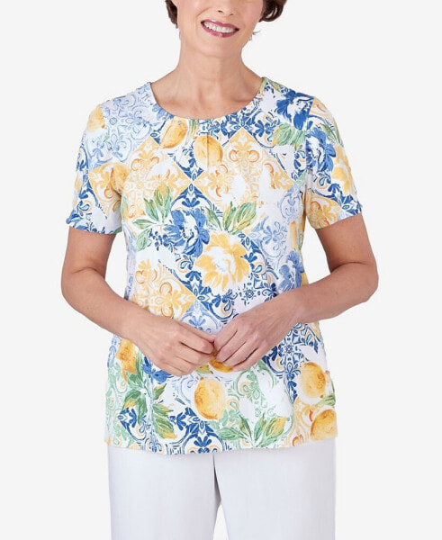 Petite Lemons Pleated Neck Short Sleeve Top