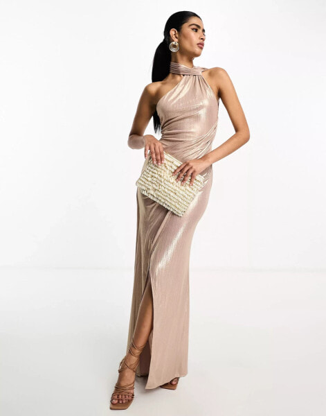 ASOS DESIGN one shoulder draped maxi dress with tie detail in rose gold