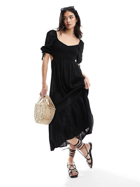 The Frolic fin linen shirred front puff sleeve midi beach dress in black