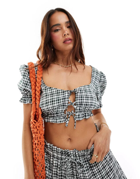 ASOS DESIGN top with tie front in mono gingham co-ord