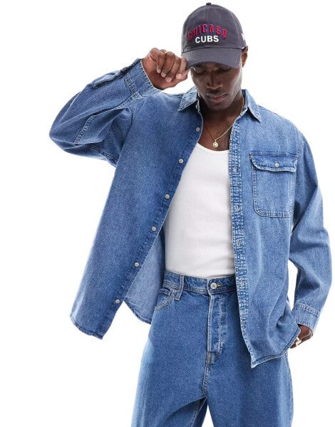 Jack & Jones oversized denim shirt co-ord in mid blue wash