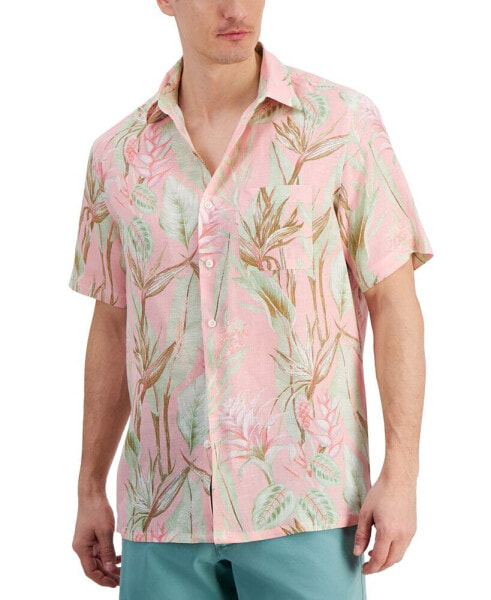 Men's Hero Short Sleeve Button Front Palm Print Linen Shirt, Created for Macy's