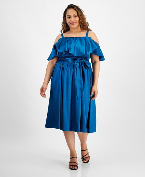 Plus Size Ruffled Square-Neck Cold-Shoulder Midi Dress