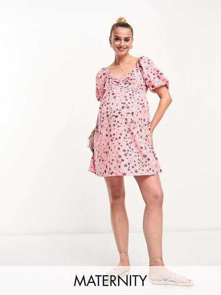 Wednesday's Girl Maternity puff sleeve ditsy floral print mini dress in pink