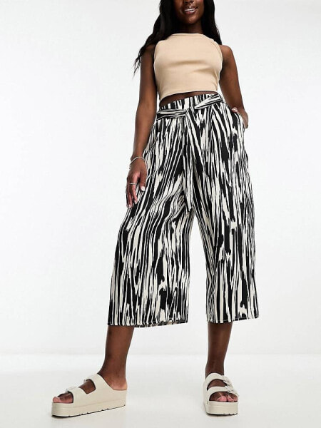 River Island tie waist culottes in black and white print 