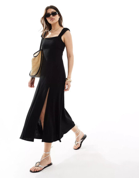 Stradivarius rustic dress with slit and tie up detail in black