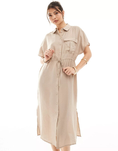 Vero Moda hammered woven shirt dress with tie belt in stone