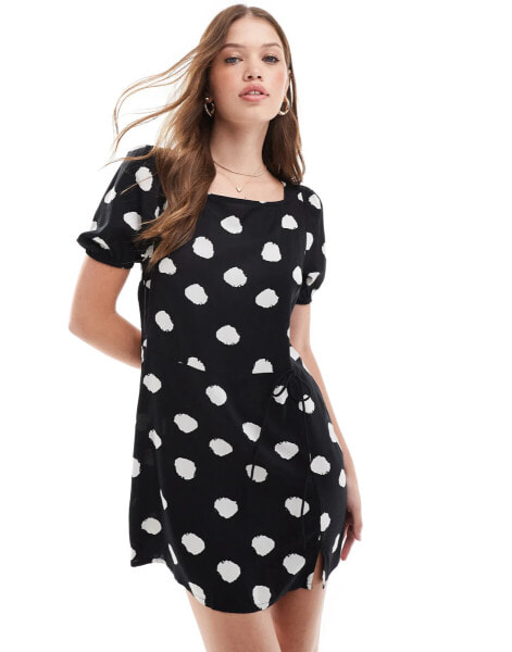 ASOS DESIGN puffed sleeve mini tee dress with tie waist & wrap in mono spot