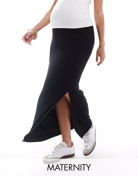 Mamalicious Maternity ribbed jersey over the bump maxi skirt in black