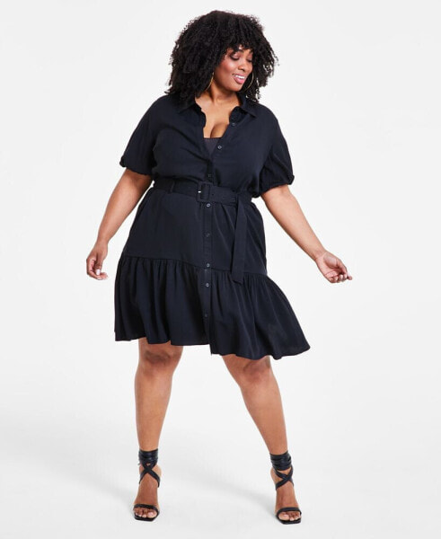 Trendy Plus Size Puff-Sleeve Tiered Mini Dress, Created for Macy's