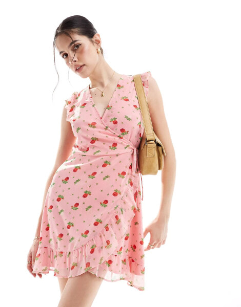 Wednesday's Girl ruffle sleeve wrap mini tea dress in pink floral