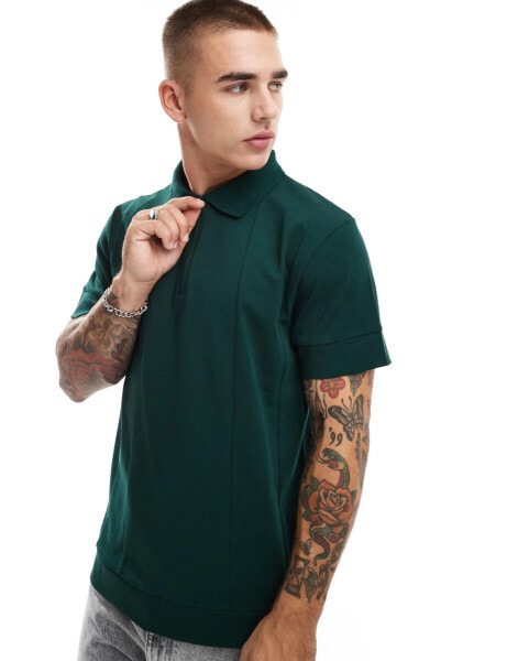 ASOS DESIGN heavyweight polo shirt with silver zip in dark green