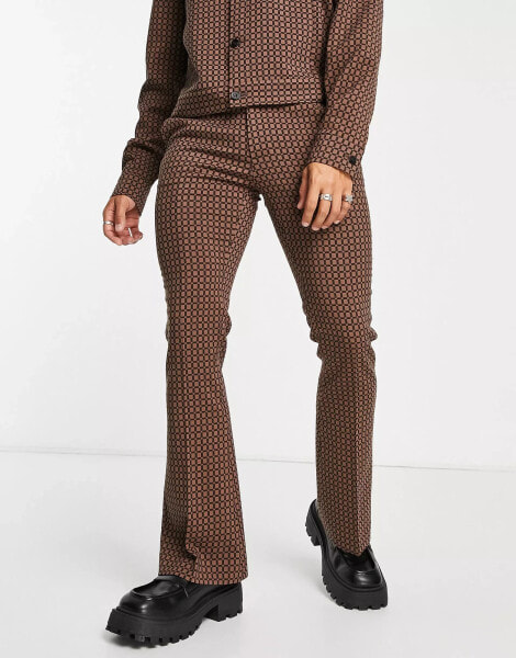 ASOS DESIGN smart co-ord flare trousers in brown geo check