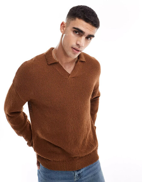 ASOS DEISGN relaxed knitted notch neck texture jumper in tan