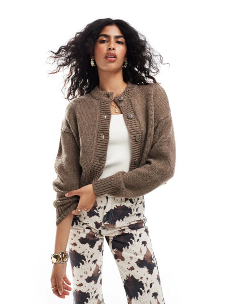 ASOS DESIGN crop crew neck cardigan in mocha