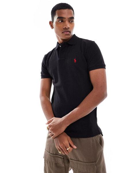 Polo Ralph Lauren slim fit pique polo with red player logo in washed black