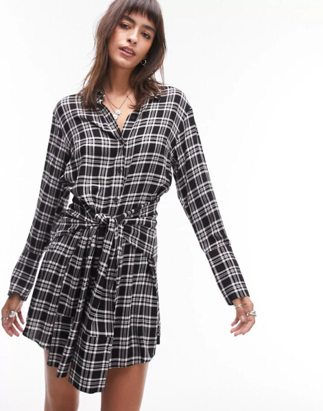 Topshop tie front mini shirt dress in check