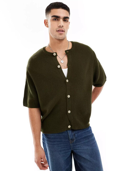 ASOS DESIGN oversized knitted button through top in dark khaki