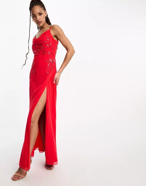 Hope & Ivy cowl neck embellished maxi dress in red