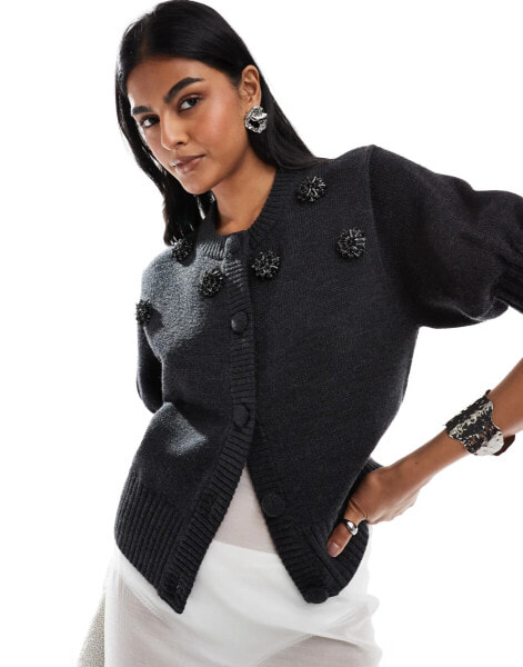 & Other Stories puff elbow sleeves cardigan in grey with black crystal embellishment