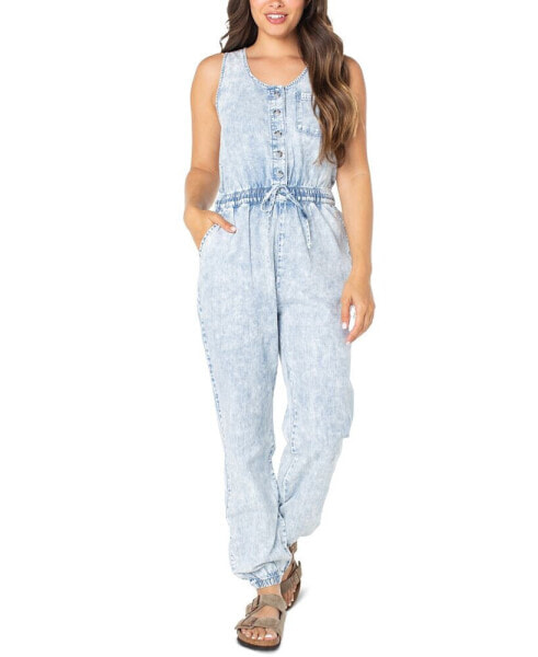 Juniors' Cotton Denim Drawstring-Waist Jumpsuit