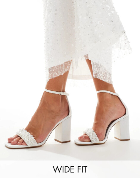 London Rebel Polly wide fit embellished block heel in ivory