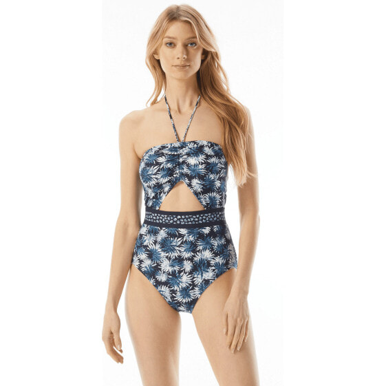 Michael Kors Womens Palm Mix Bandeau Cutout One-Piece Swimsuit New Navy 8