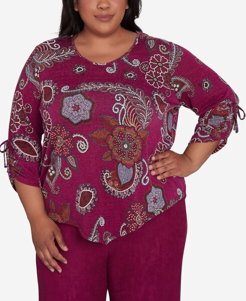 Plus Size Wine Country Floral Paisley Drawstring Sleeves V-Neck Top