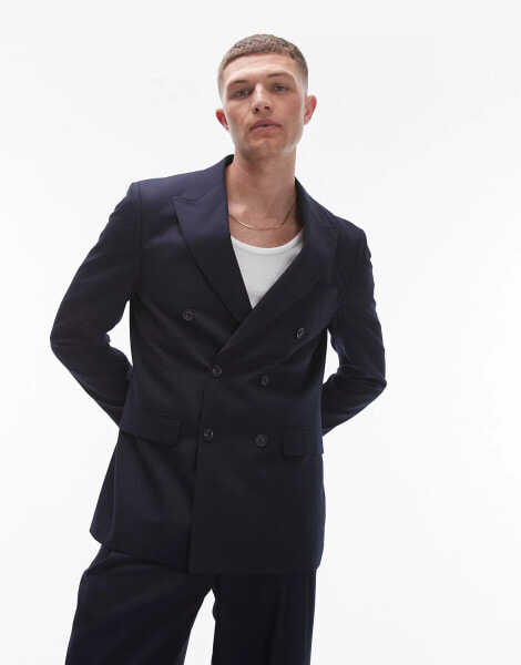 Topman double breasted linen blend mix slim suit jacket in navy