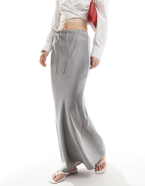 ASOS DESIGN satin bias tie waist maxi skirt in smoke grey