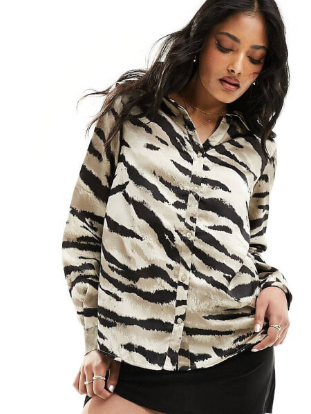 Pieces button up shirt in light brown zebra print