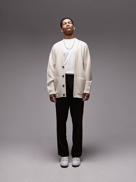 Topman lambswool long length cardigan in ecru