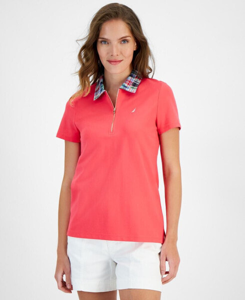 Women's Contrast-Collar Polo Short-Sleeve Top