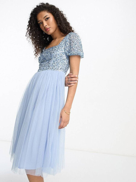 Maya Bridesmaid puff sleeve midi dress in baby blue