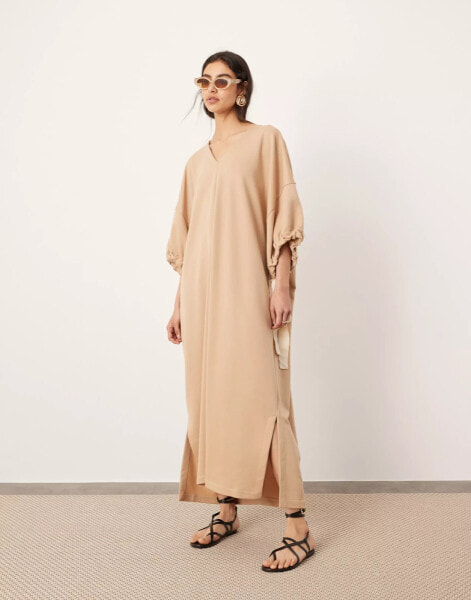 ASOS EDITION jersey v neck oversized jumper dress with contrast tie detail in camel