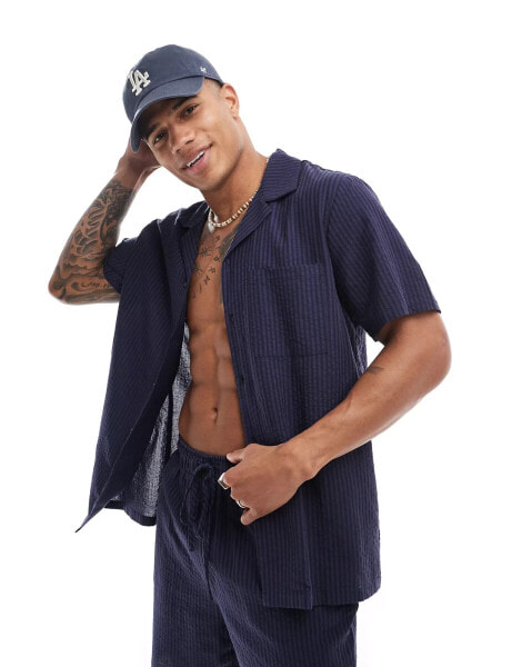 South Beach tonal seersucker stripe beach shirt co-ord in navy