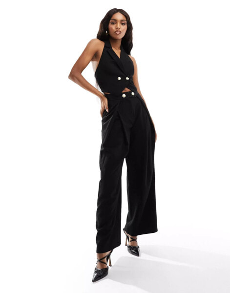 ASOS DESIGN co-ord wide leg trousers with gold buttons in black