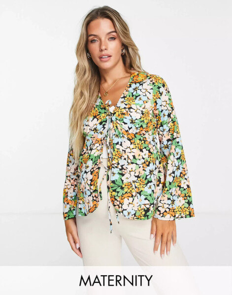 Wednesday's Girl Maternity collar detail split front blouse in mixed floral