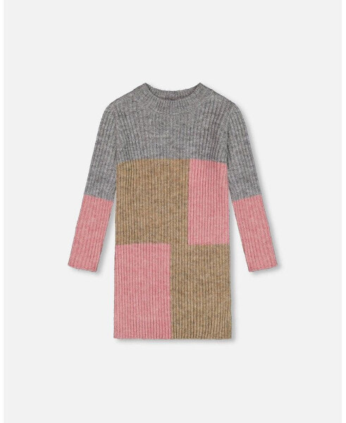 Big Girls Colorblock Sweater Dress Gray, Golden And Pink